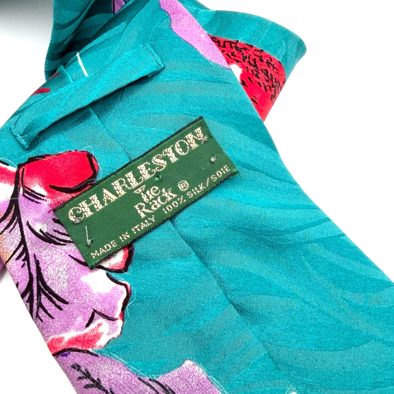 Vintage 90s Charleston Tie Rack Teal 100% Silk Tropical Parrot Print Necktie