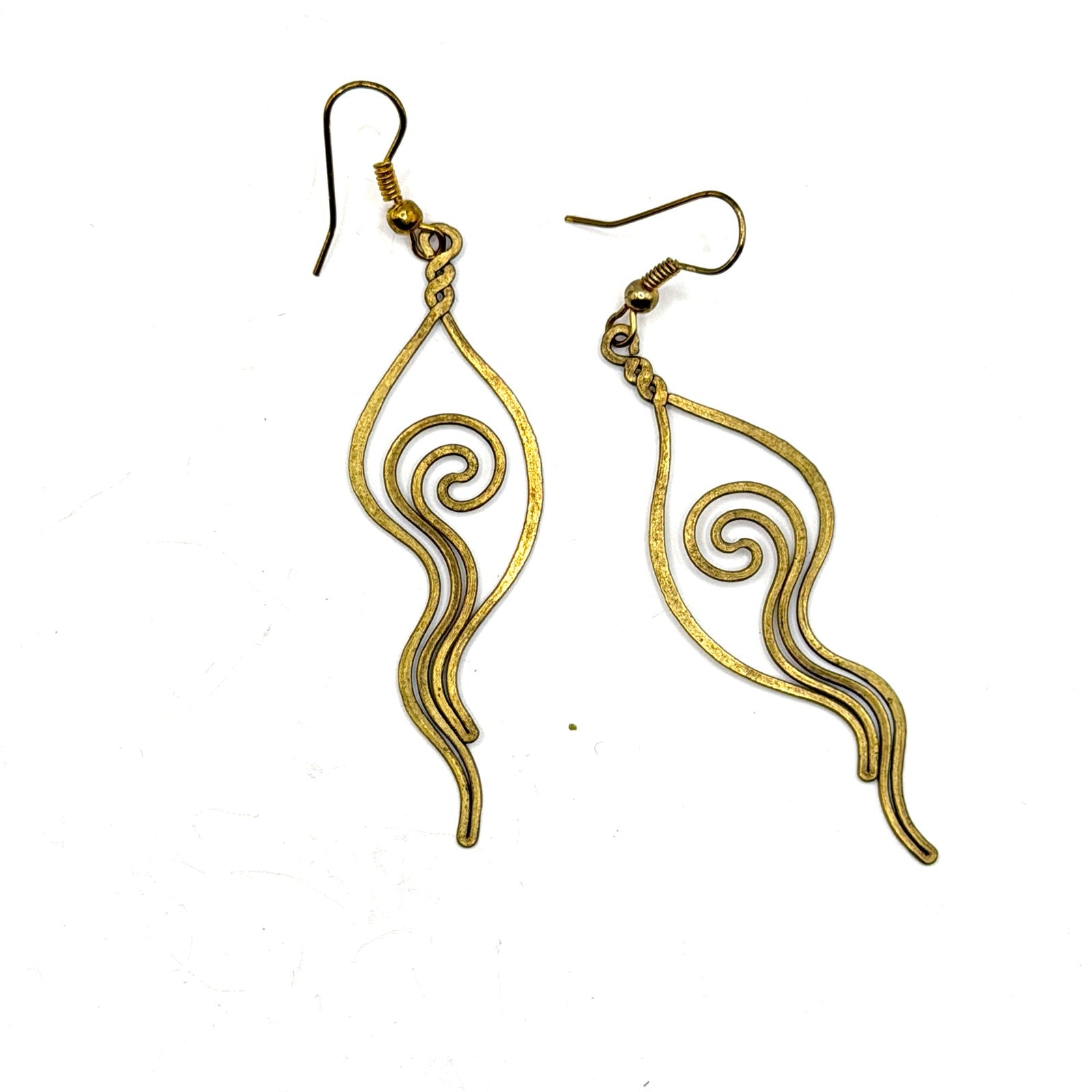 Vintage 90s Brass Abstract Spiral Hammered Texture Dangle Earrings
