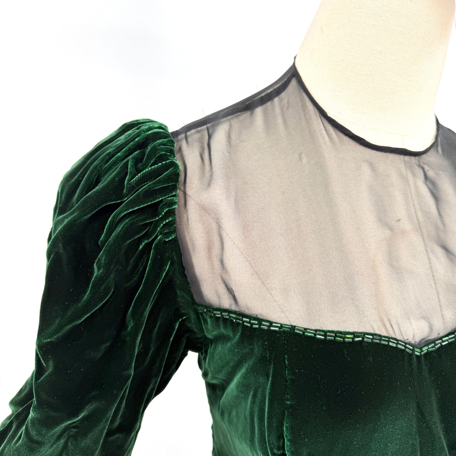 Vintage 80s Blanca Rubiera Original Green Velvet Sheer Mesh Formal Dress
