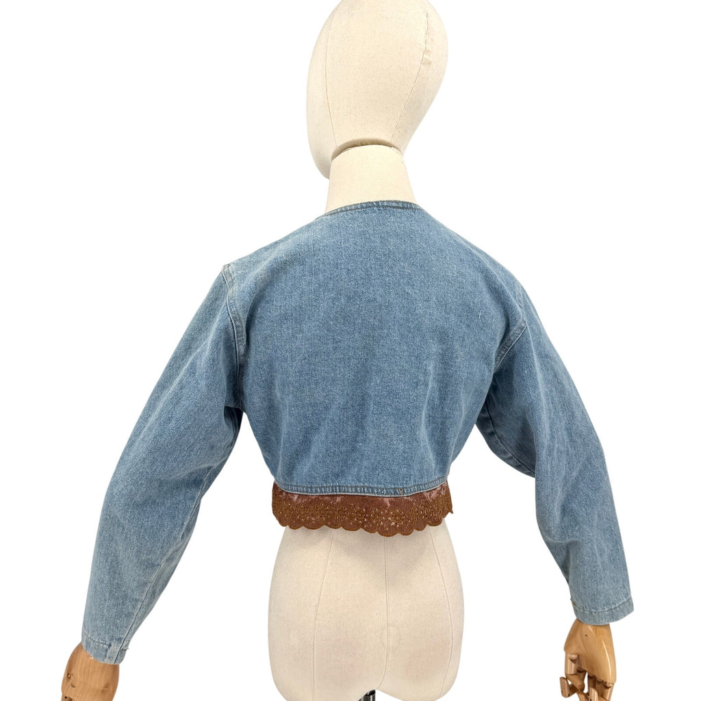 Vintage 90s Switch Blue 100% Cotton Cropped Brown Lace Trim Denim Jacket