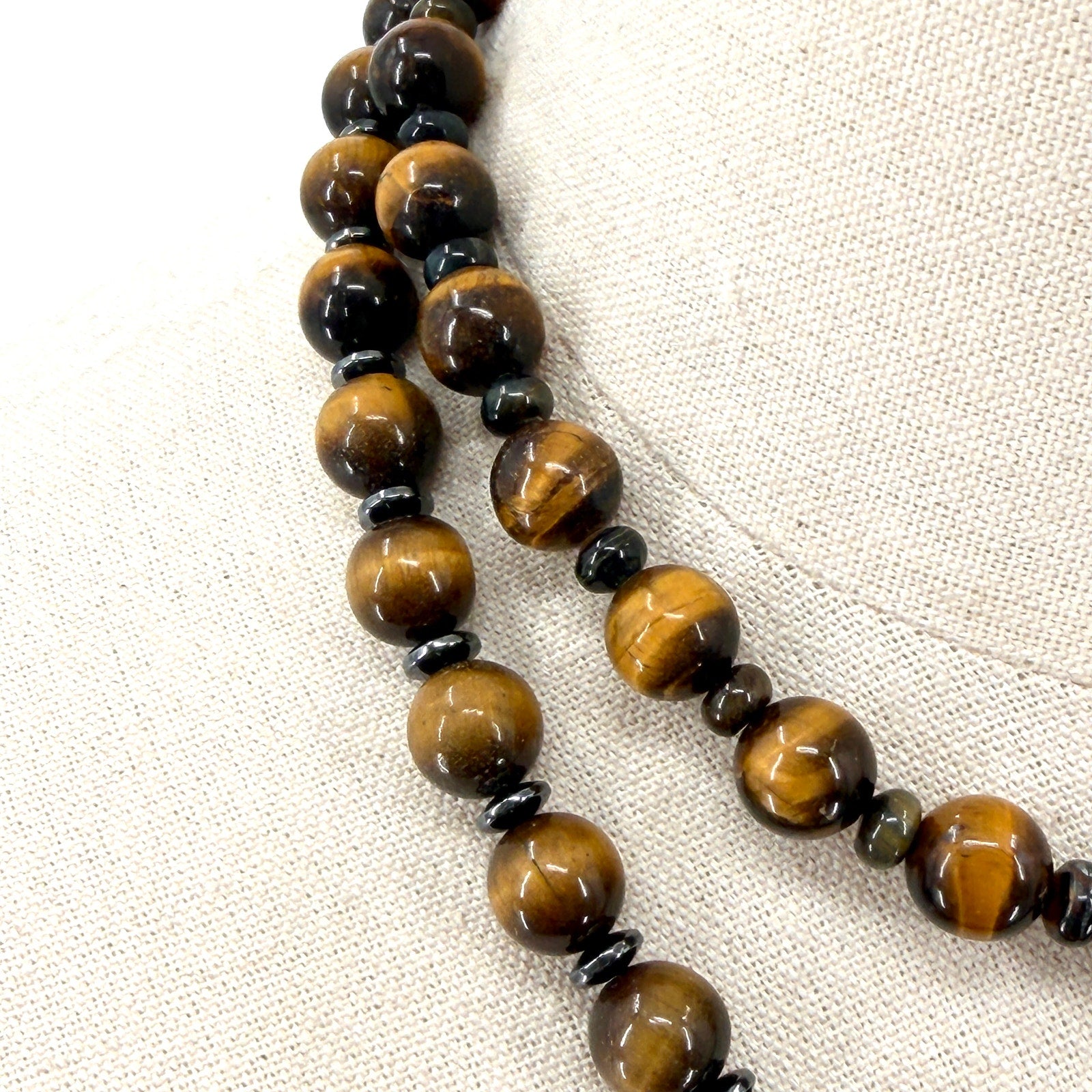 Vintage 90s Tiger's Eye Hematite Double Strand Toggle Statement Necklace