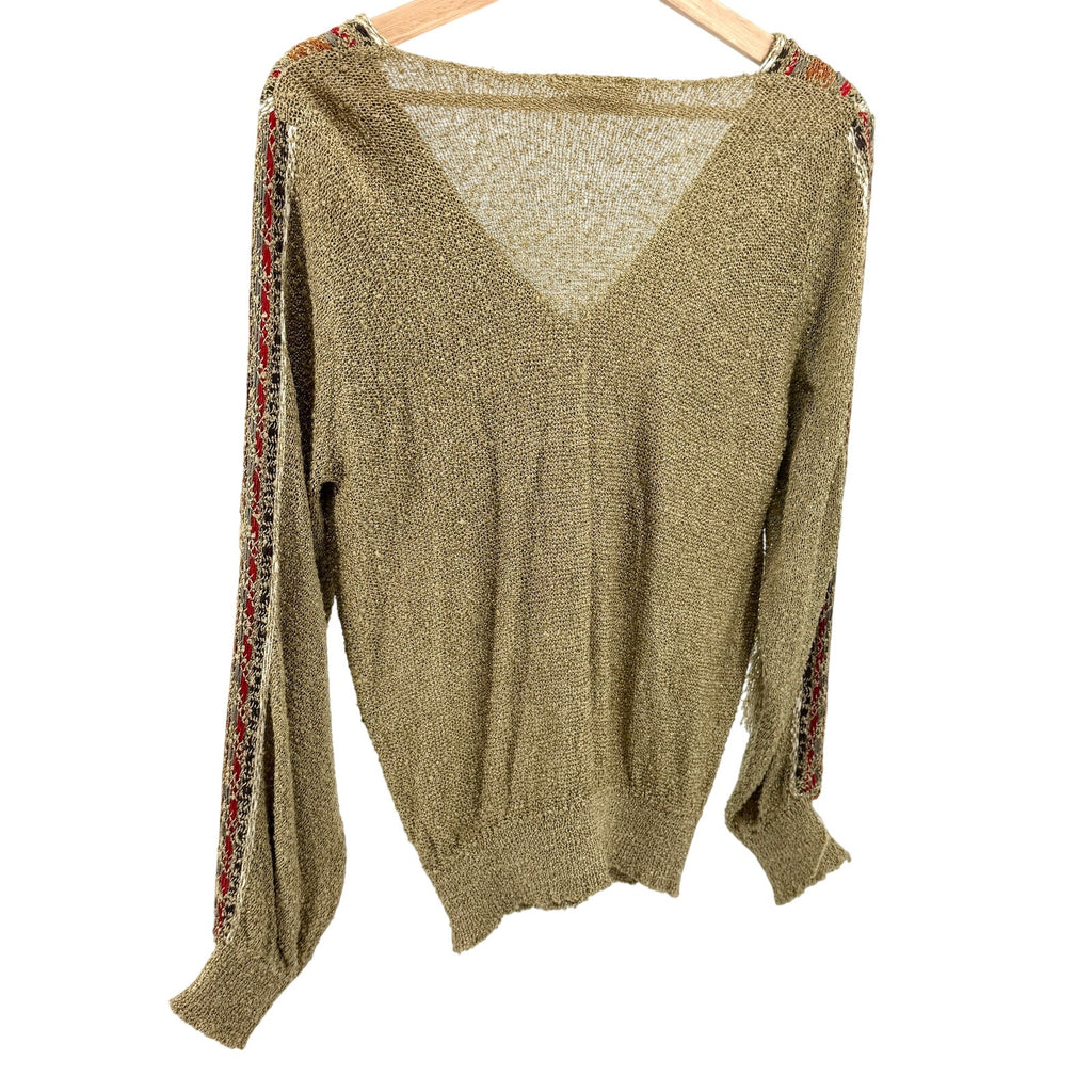Vintage 80s French Rags Olive Fringe Trim Southwestern Sweater