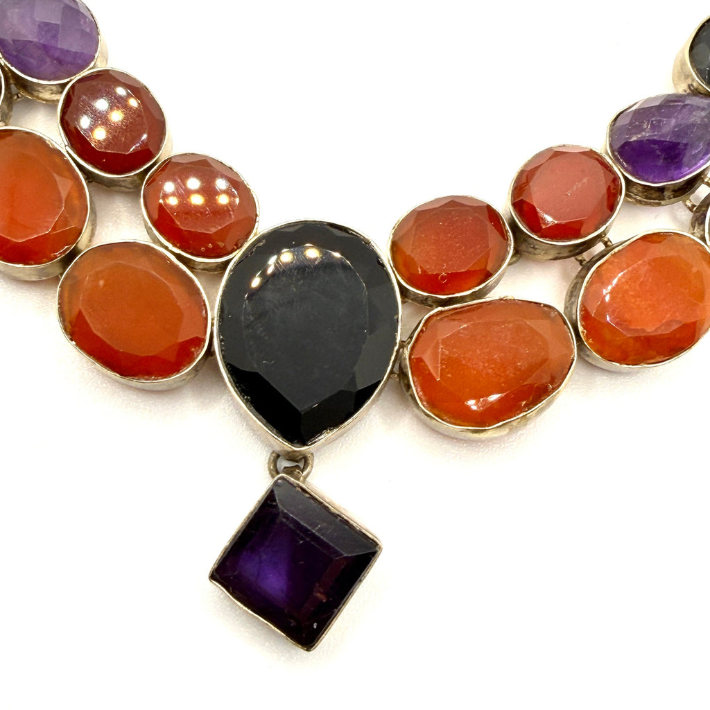 Vintage 90s Stamped Taxco Sterling Silver Multistone Statement Bib Necklace