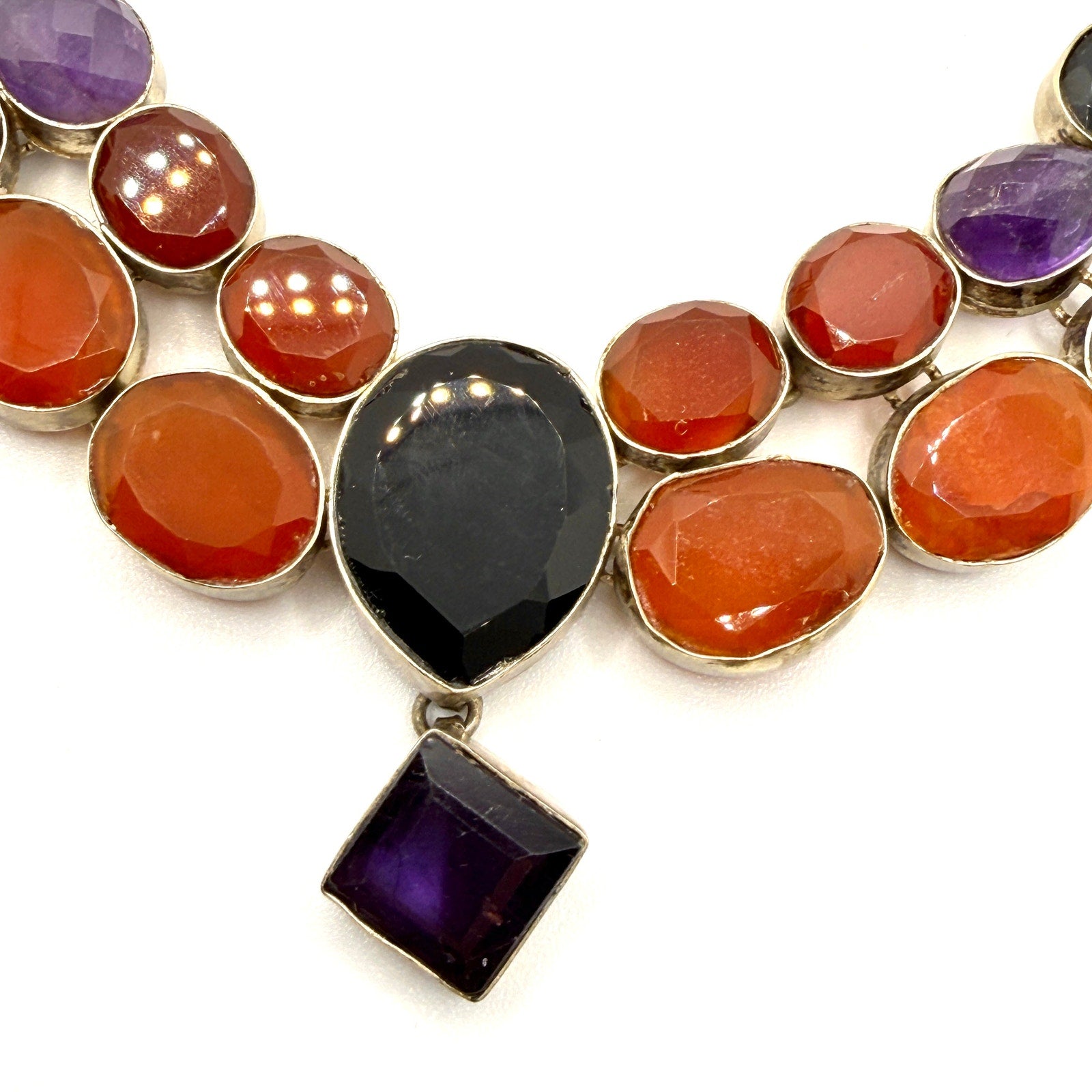 Vintage 90s Stamped Taxco Sterling Silver Multistone Statement Bib Necklace
