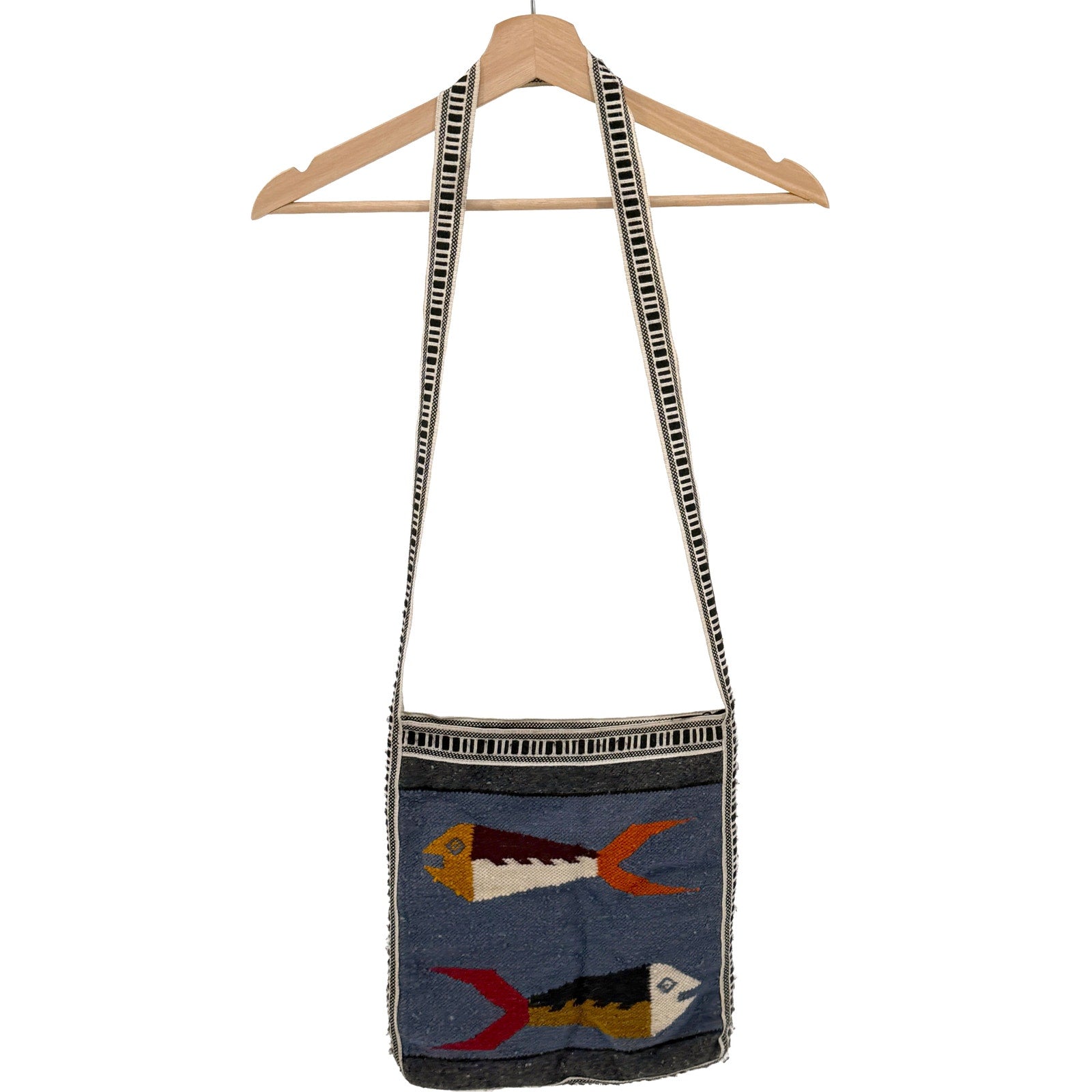 Vintage 90s Indigo Blue 100% Wool Boho Woven Fish Motif Shoulder Bag