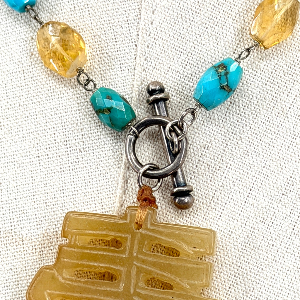 Vintage Y2K Jade Turquoise Freshwater Pearl Asian Character Pendant Necklace