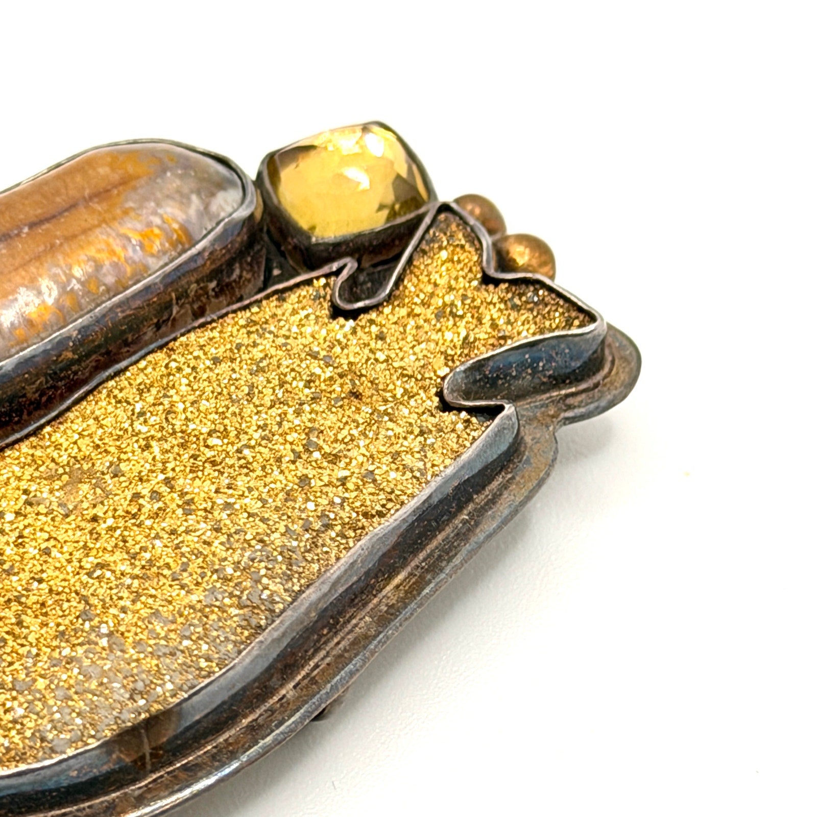 Vintage 90s Signed Amy Kahn Russell Sterling Silver Gold Druzy Brooch Pendant
