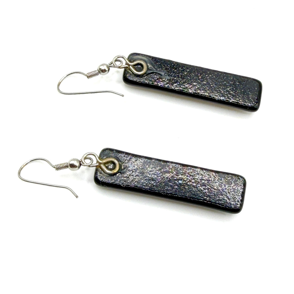 Vintage 90s Black Beige Fused Glass Clay Textured Inlay Rectangle Drop Earrings