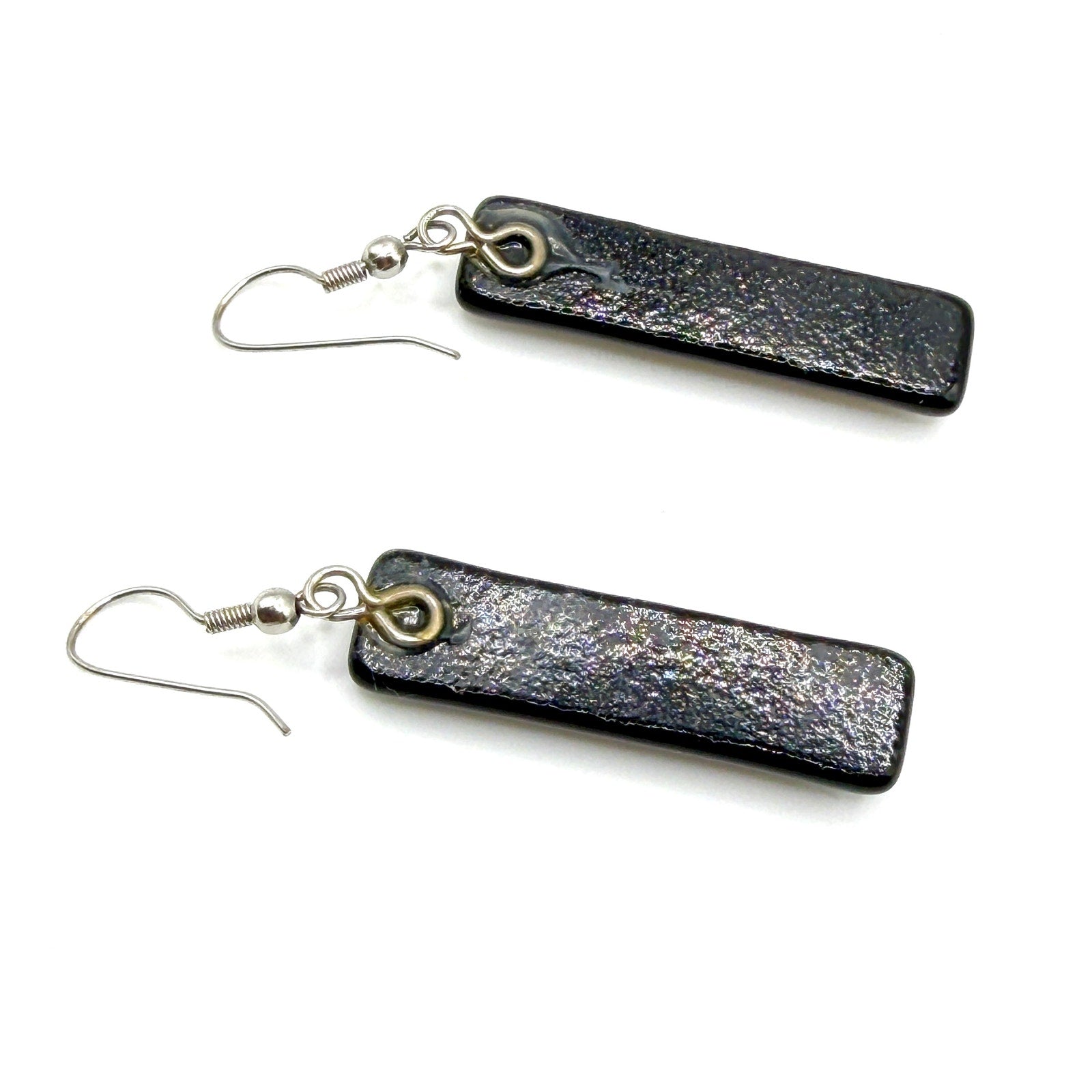 Vintage 90s Black Beige Fused Glass Clay Textured Inlay Rectangle Drop Earrings