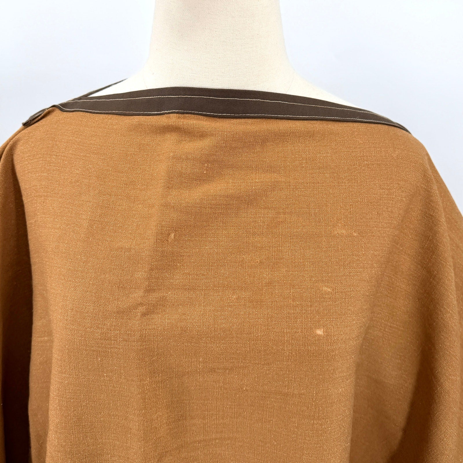 Vintage 70s Brown Striped Fringed Distressed Boat Neck Wrap Poncho
