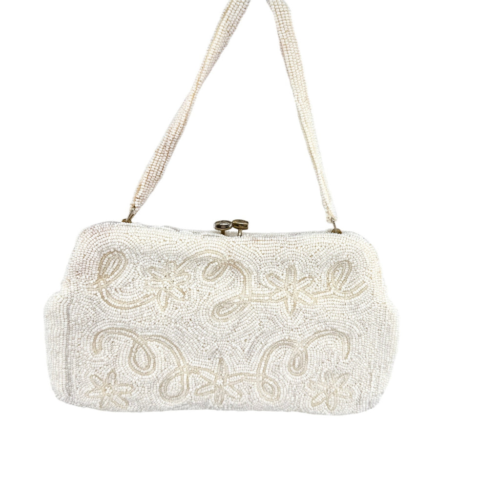 Vintage 1950s Japan Ivory Beaded Floral Evening Bag