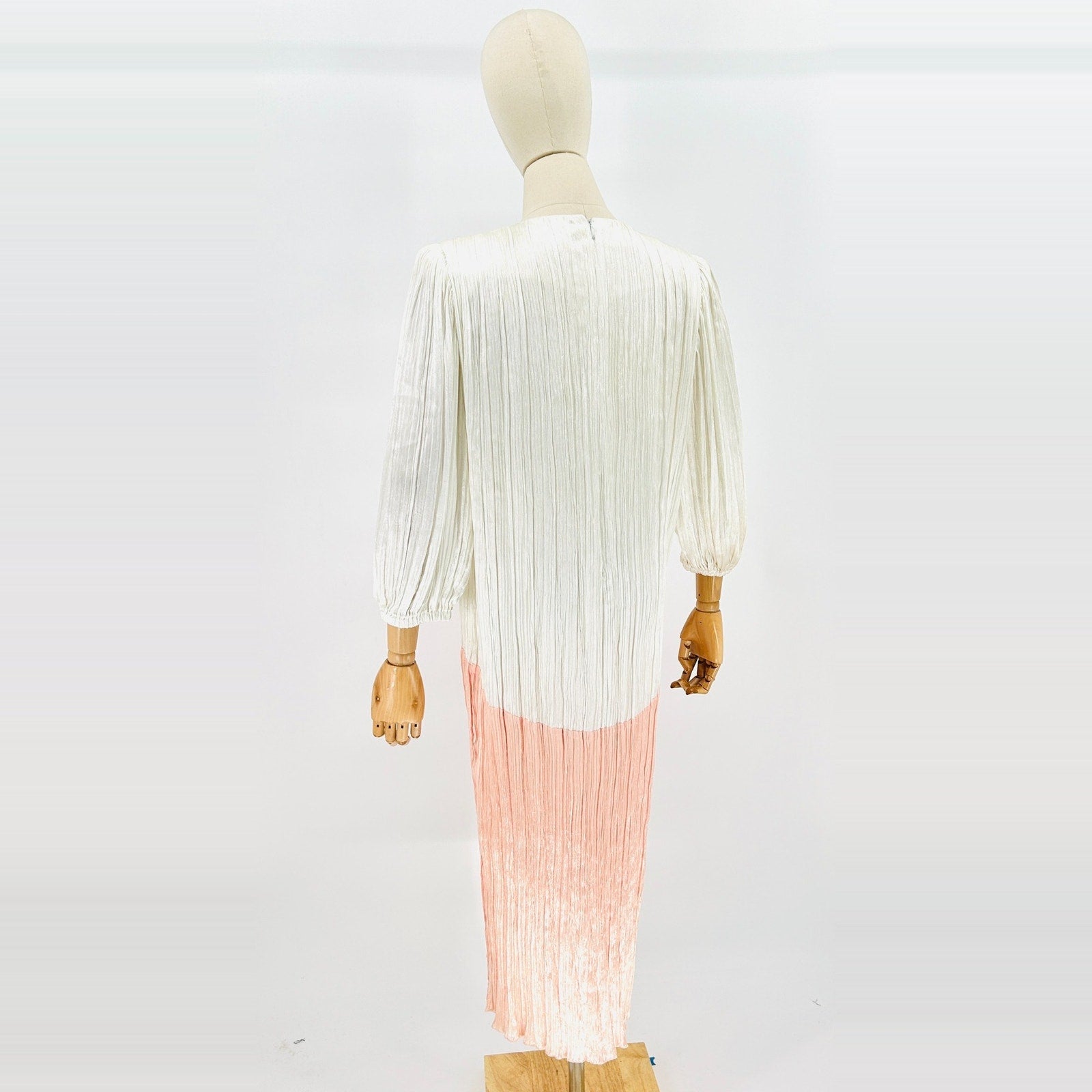 Vintage 80s Morton Myles Cream Peach Colorblock Satin Crinkle Cocktail Dress