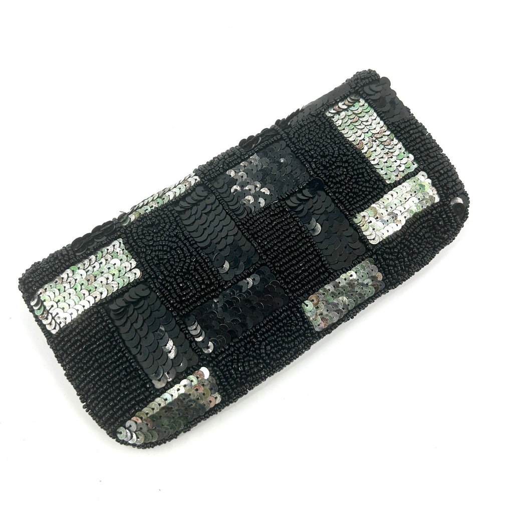 K.C. Malhan Black Silver Iridescent Sequin Beaded Checkered Evening Clutch