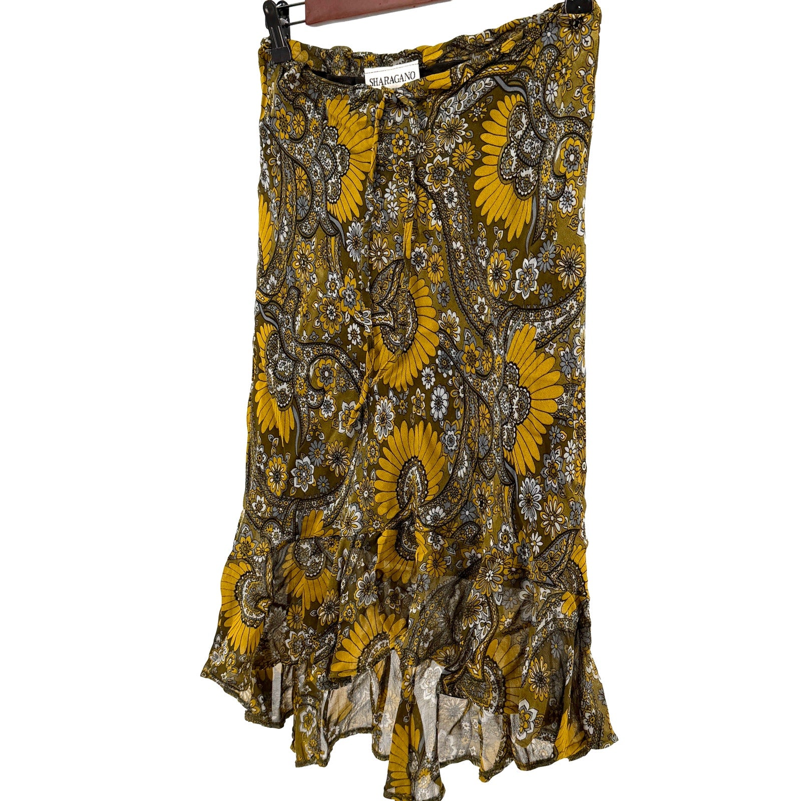 Vintage Y2K Sharagano Paris Yellow Paisley Viscose Ruffle High Low Skirt
