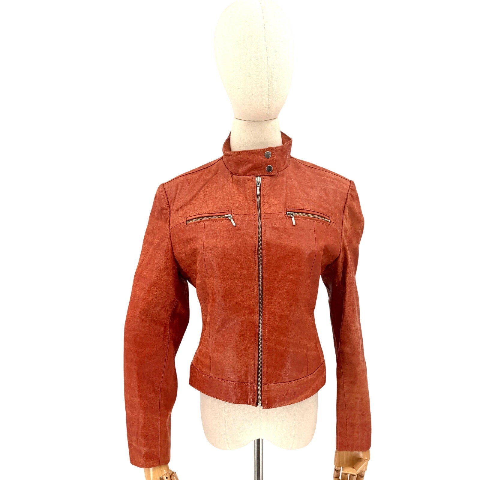 Vintage 90s Franco Ocaranza Red Genuine Leather Snap Collar Moto Jacket
