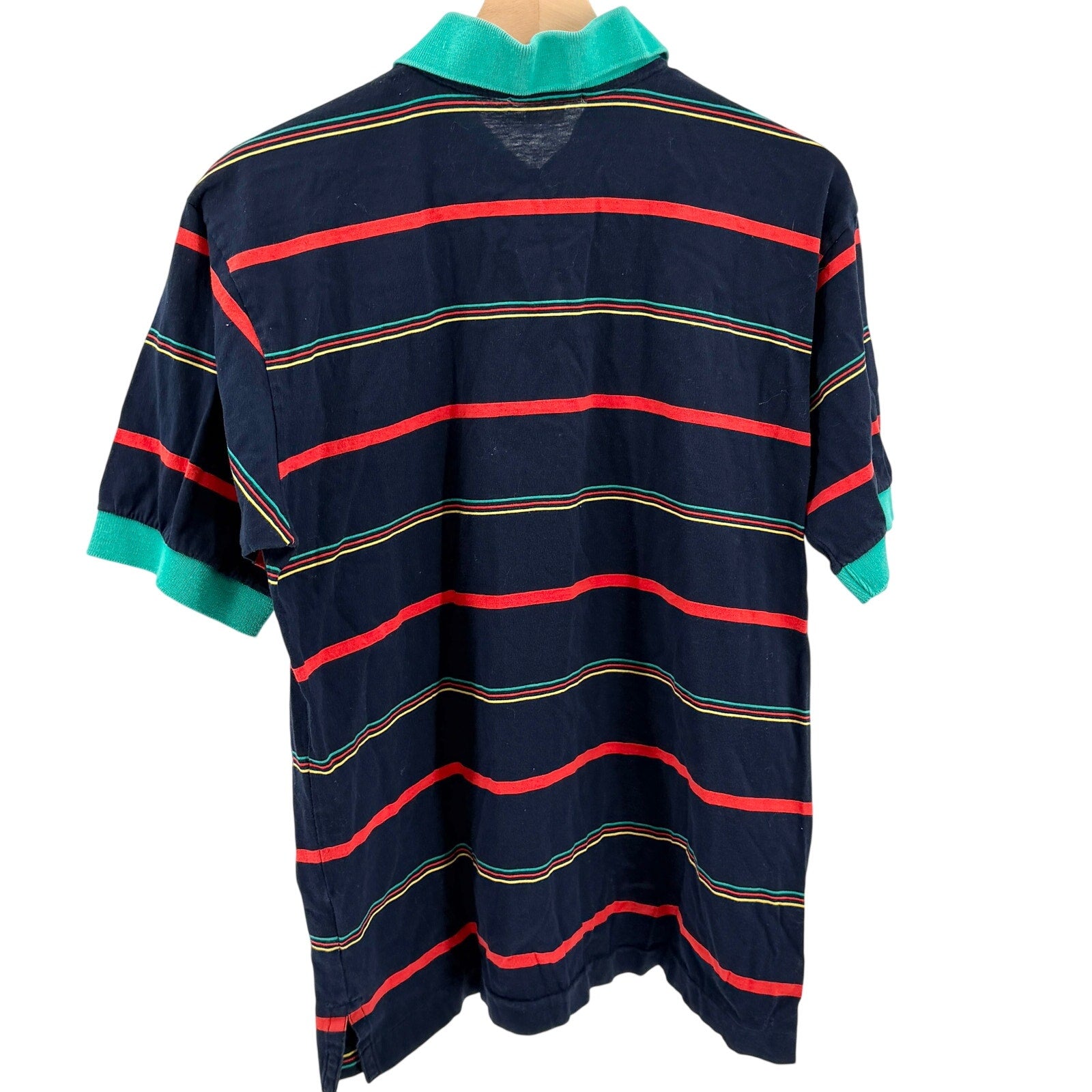 Vintage 80s Fila Navy Blue Teal Striped Cotton Polo Shirt