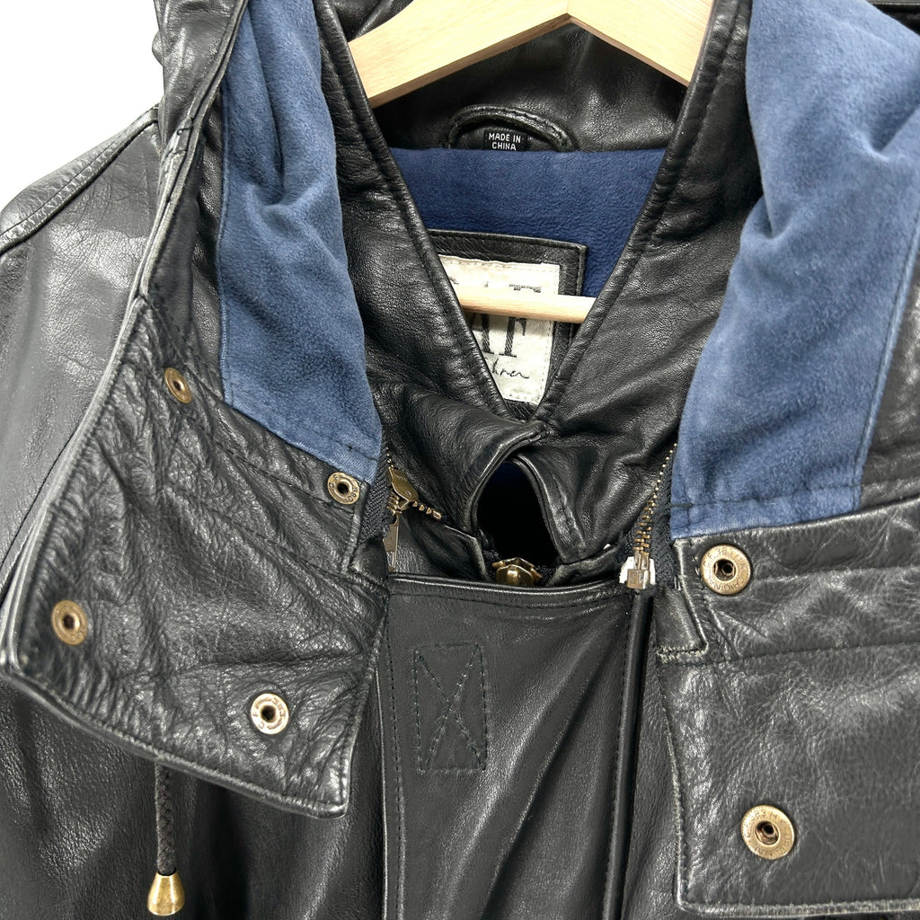 Vintage 90s DAF David Fahren Black Genuine Leather Hooded Bomber Jacket