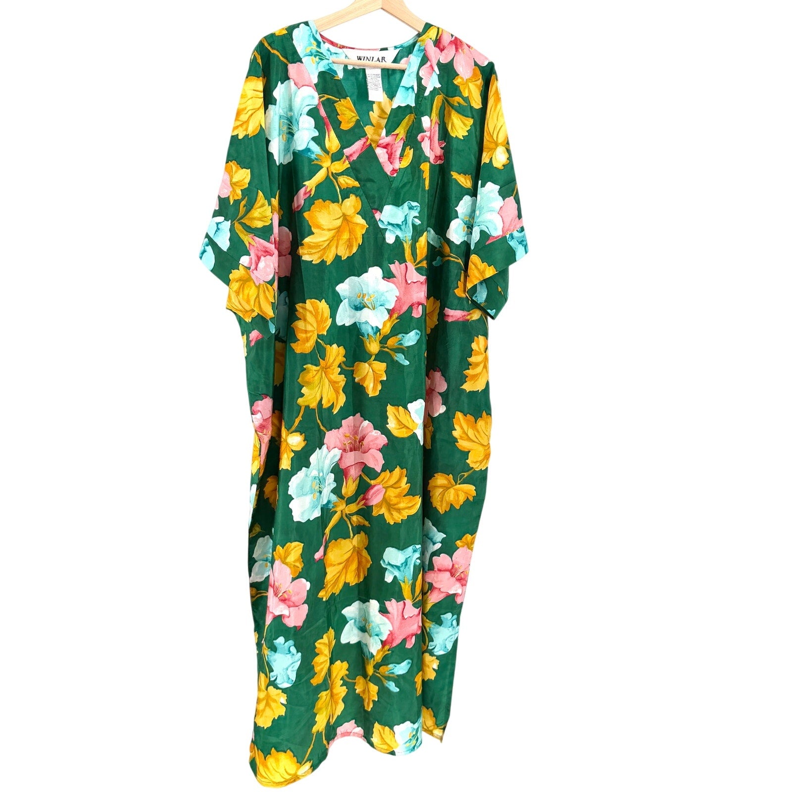 Vintage 90s Winlar Green Yellow Pink Floral Loungewear Kaftan Maxi Dress