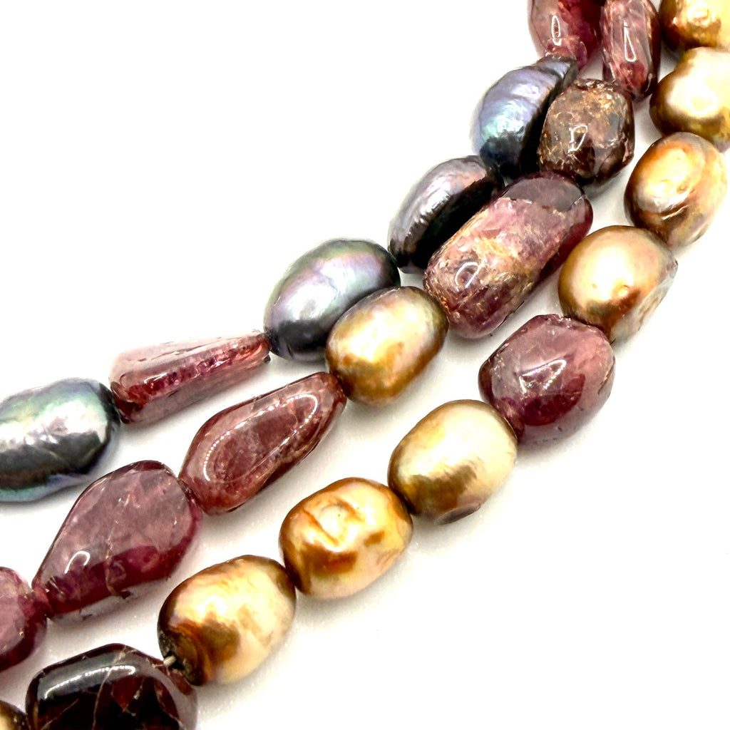 Vintage 90s Pink Tourmaline Garnet Pearl Layered Statement Necklace