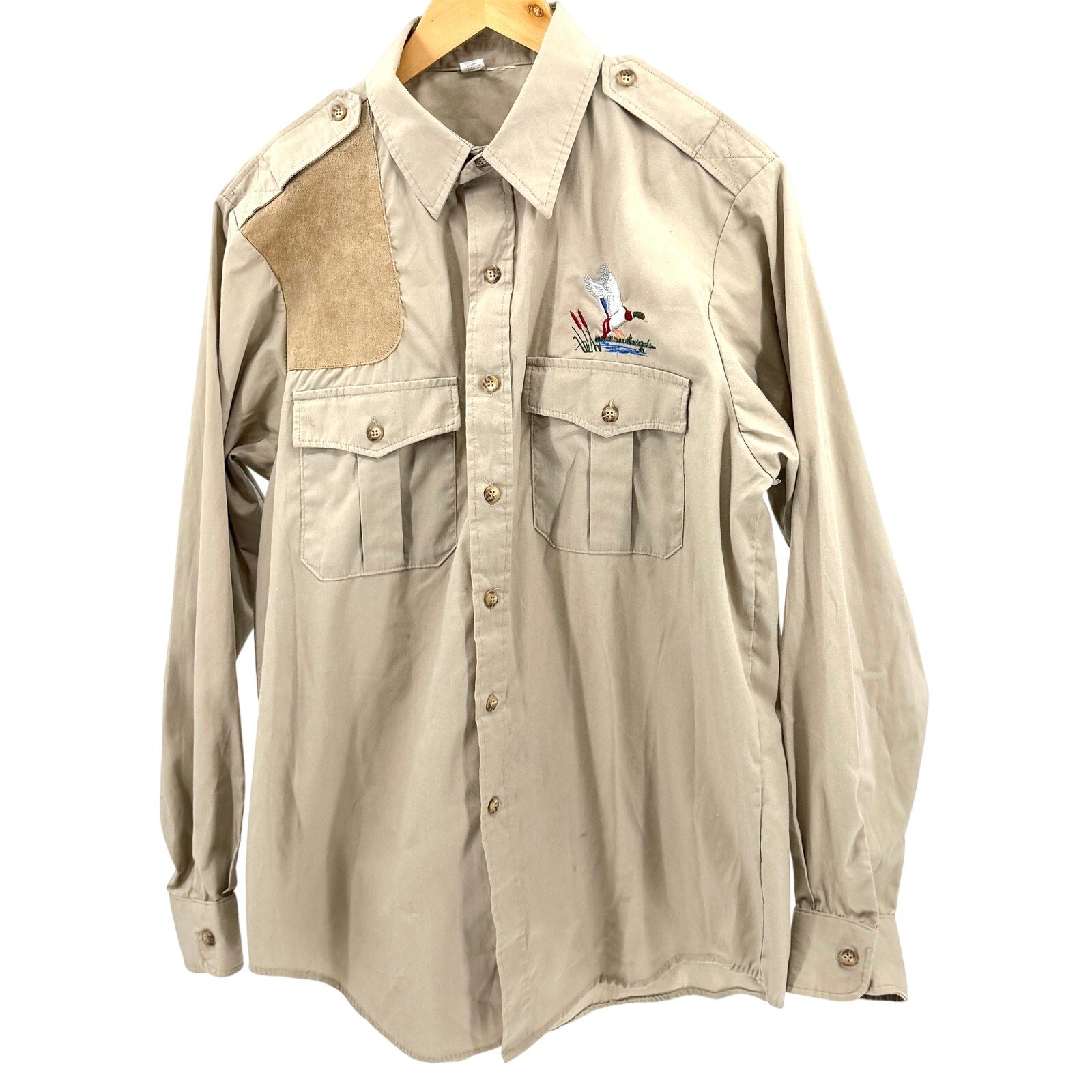 Vintage 80s Tan Genuine Suede Patch Embroidered Duck Hunting Utility Shirt