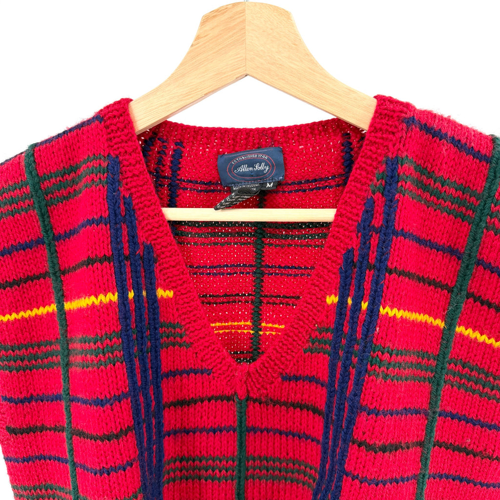 Vintage 80s Allen Solly Red 100% Wool Tartan Preppy V-Neck Sweater Vest