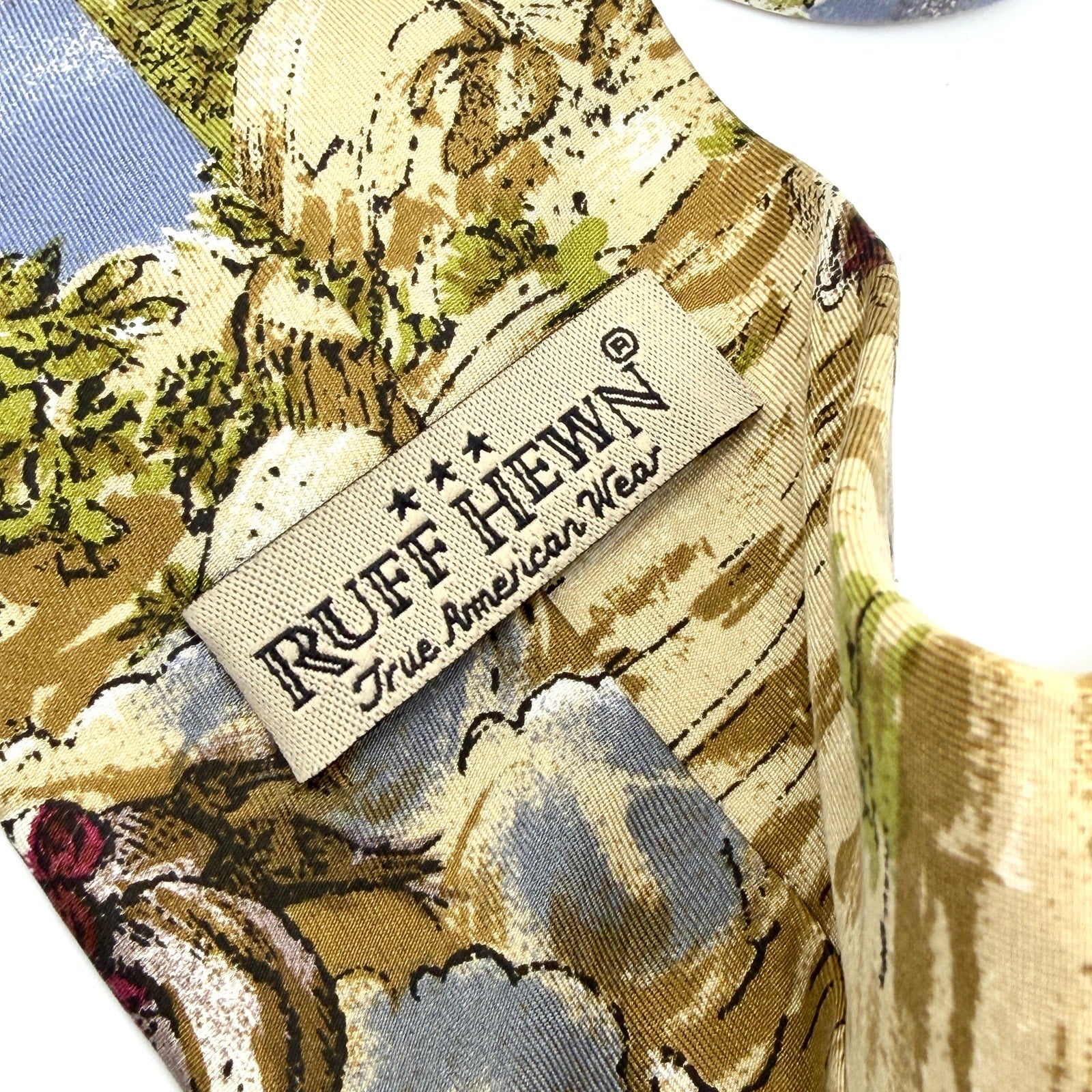 Vintage 90s Ruff Hewn Blue Tan 100% Silk Cowboy Western Necktie