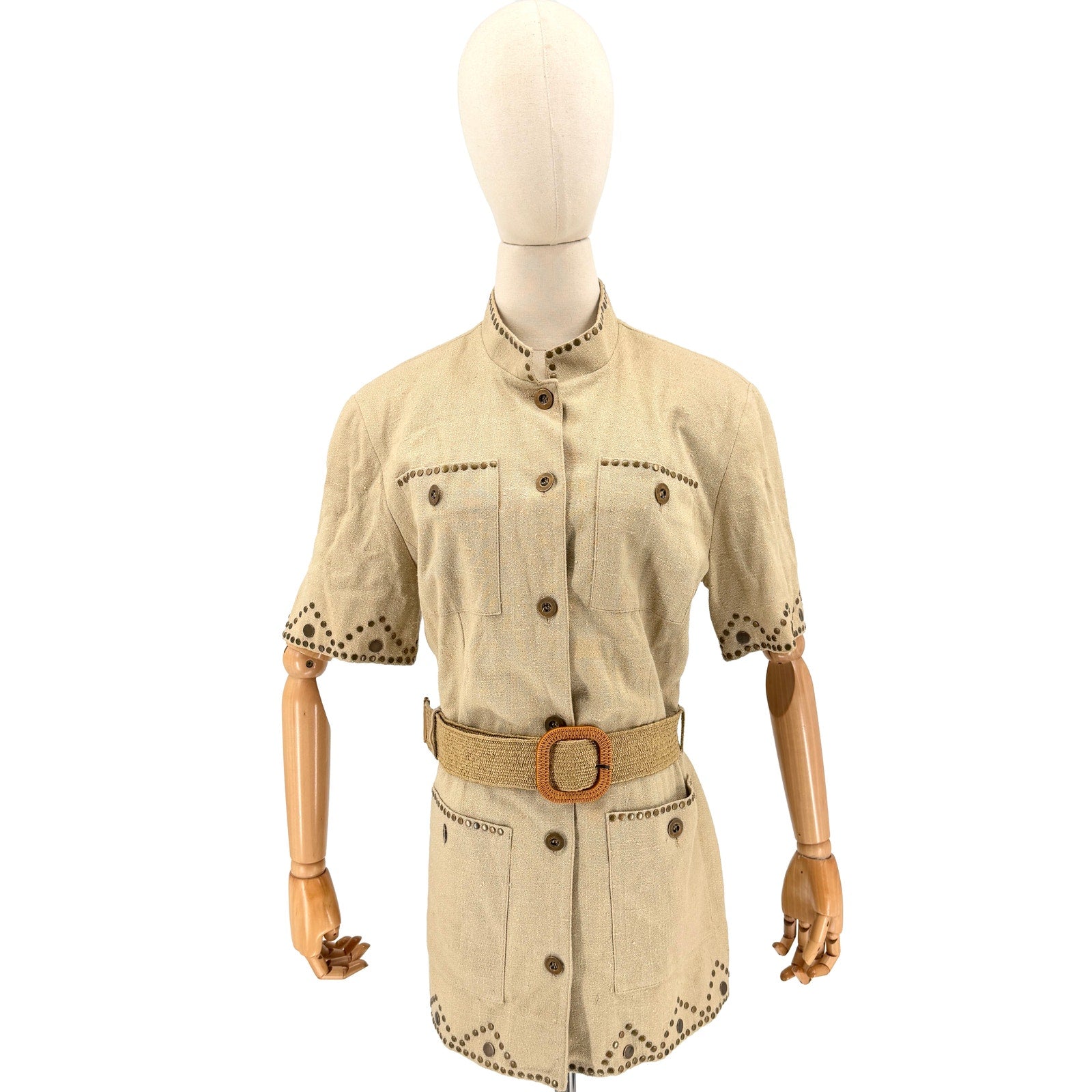 Vintage 90s Double D Ranch Khaki Copper Studded Safari Western Belted Jacket