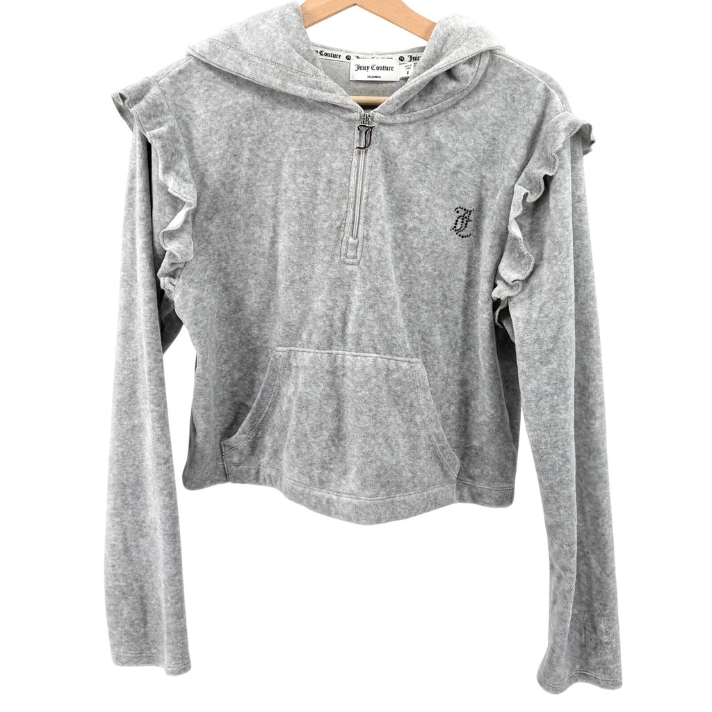 Juicy Couture Grey Velour Ruffle Cropped Half Zip Hoodie