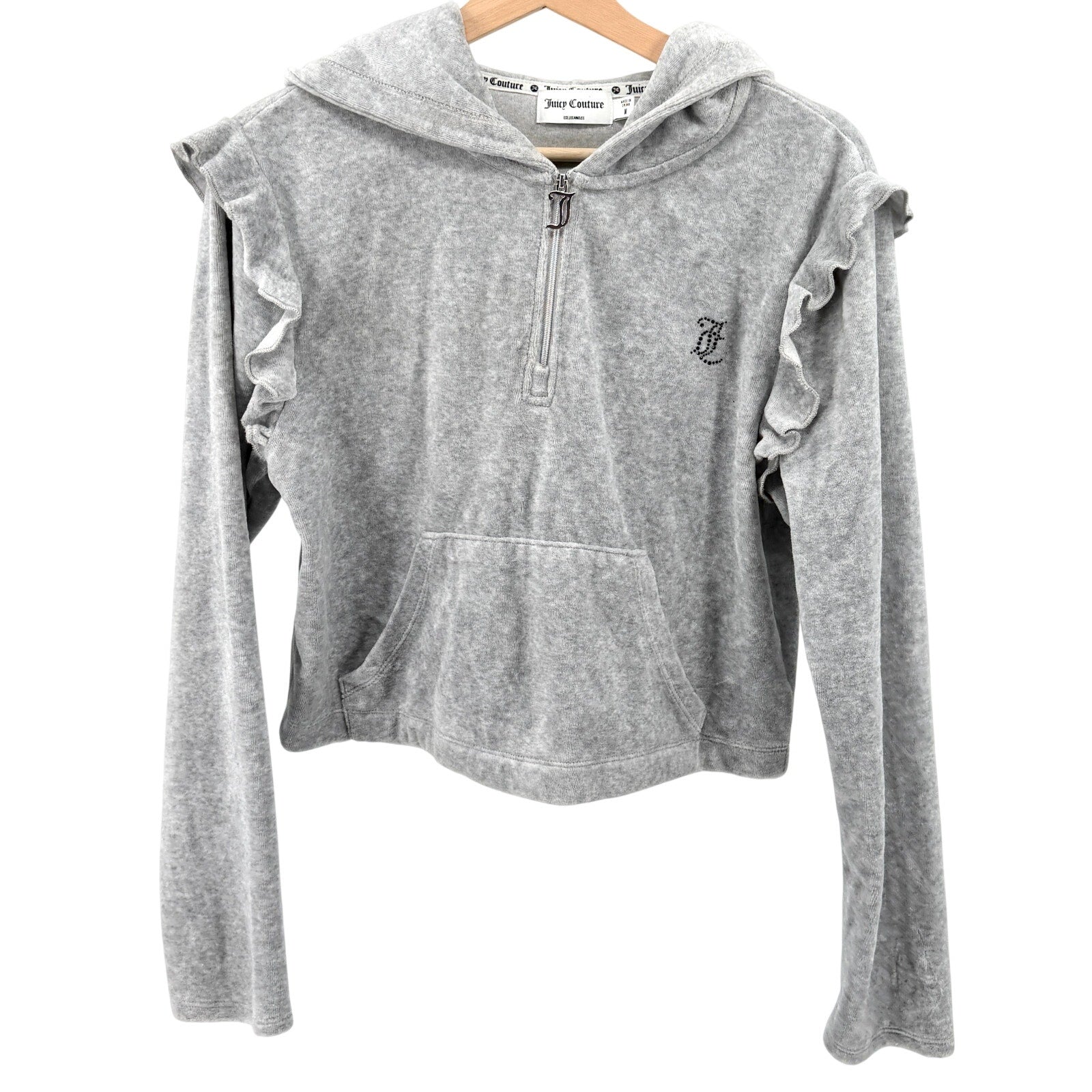 Juicy Couture Grey Velour Ruffle Cropped Half Zip Hoodie