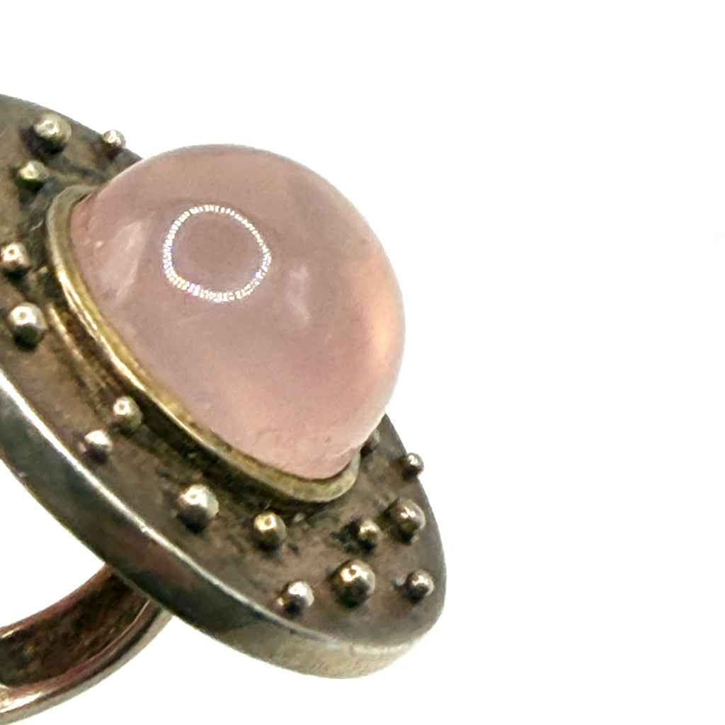 Vintage 90s Sterling Silver Pink Rose Quartz Dot Shield Statement Ring