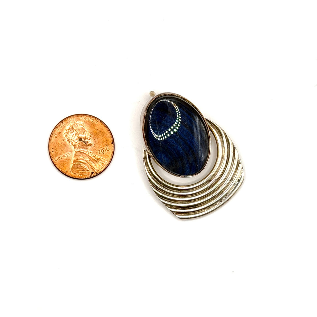 Vintage 90s Blue Tiger Eye Stamped Sterling Silver Modernist Crescent Pendant