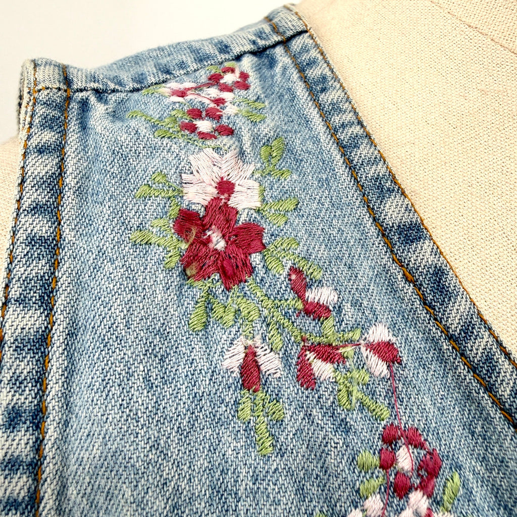 Vintage 90s Jane Ashley Blue Cotton Pink Floral Embroidered Denim Maxi Dress