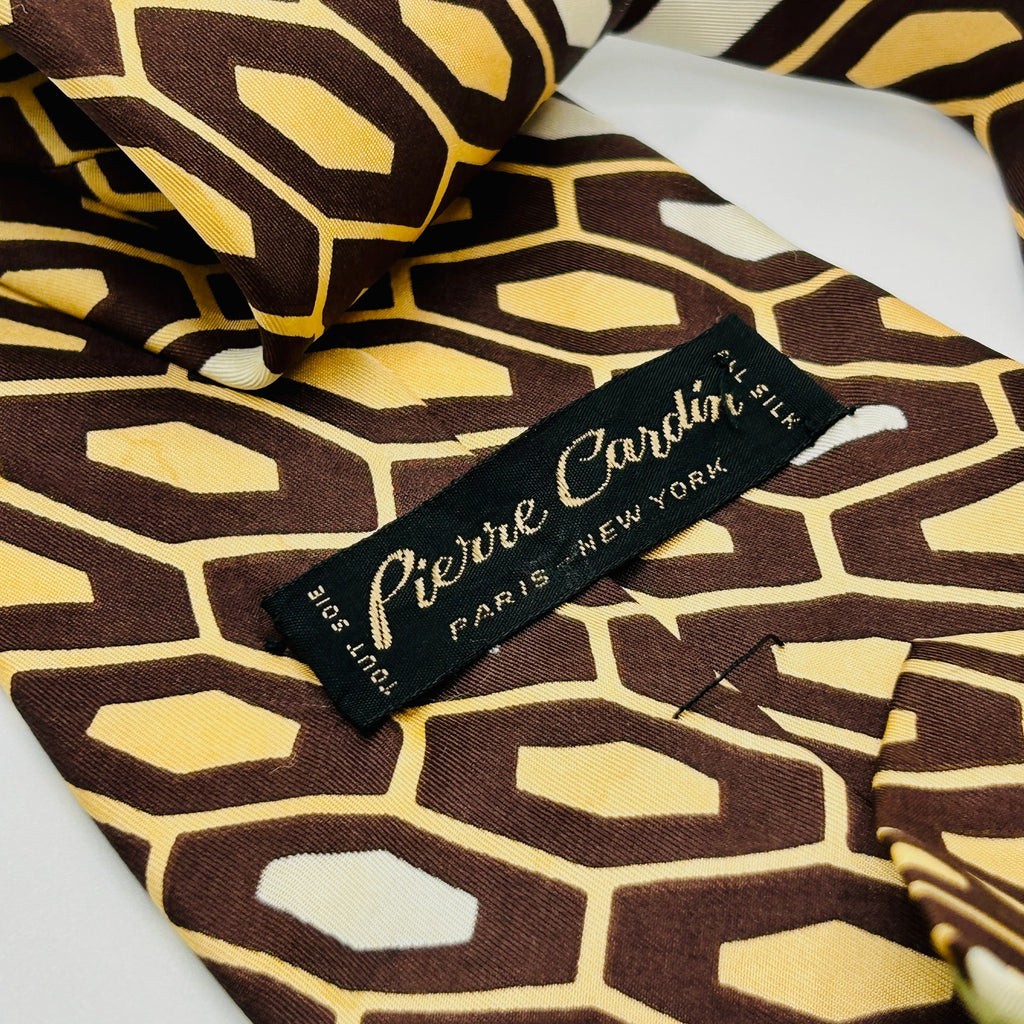 Vintage 70s Pierre Cardin Brown Tan Geometric Silk Wide Tie