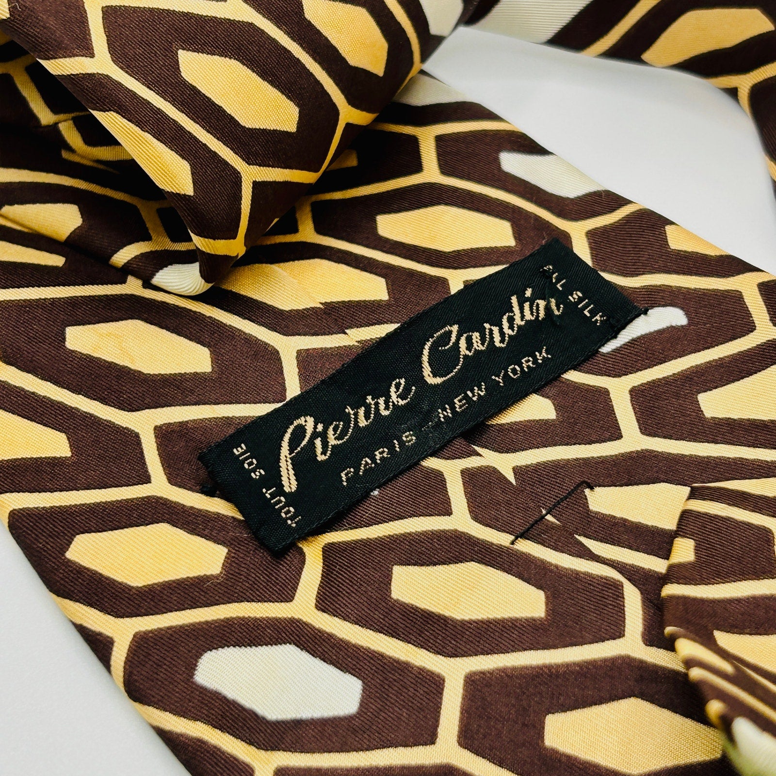 Vintage 70s Pierre Cardin Brown Tan Geometric Silk Wide Tie