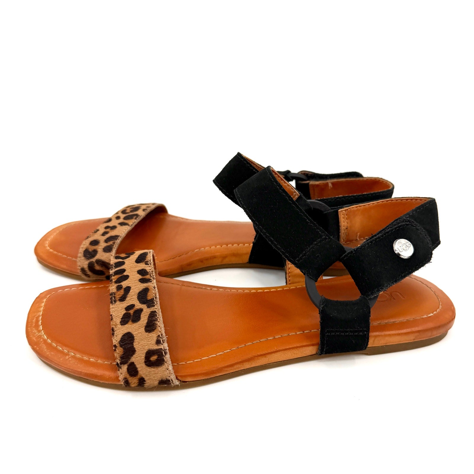 UGG Black Leopard Calf Hair Leather Strappy Sandals