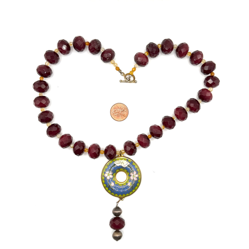 Red Garnet Chinese Cloisonne Enamel Donut Boho Necklace