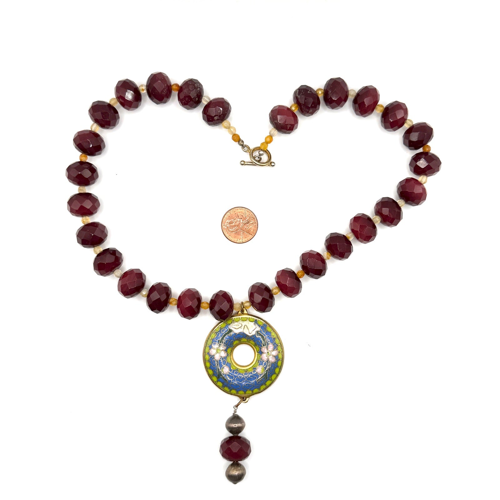 Red Garnet Chinese Cloisonne Enamel Donut Boho Necklace
