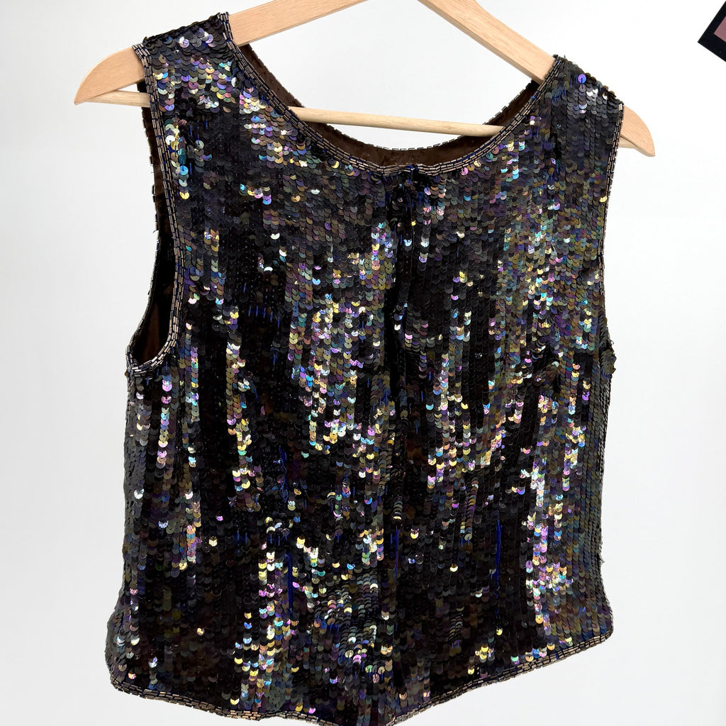 Vintage 90s Adrianna Papell Dark Purple 100% Silk Sequin Beaded Top