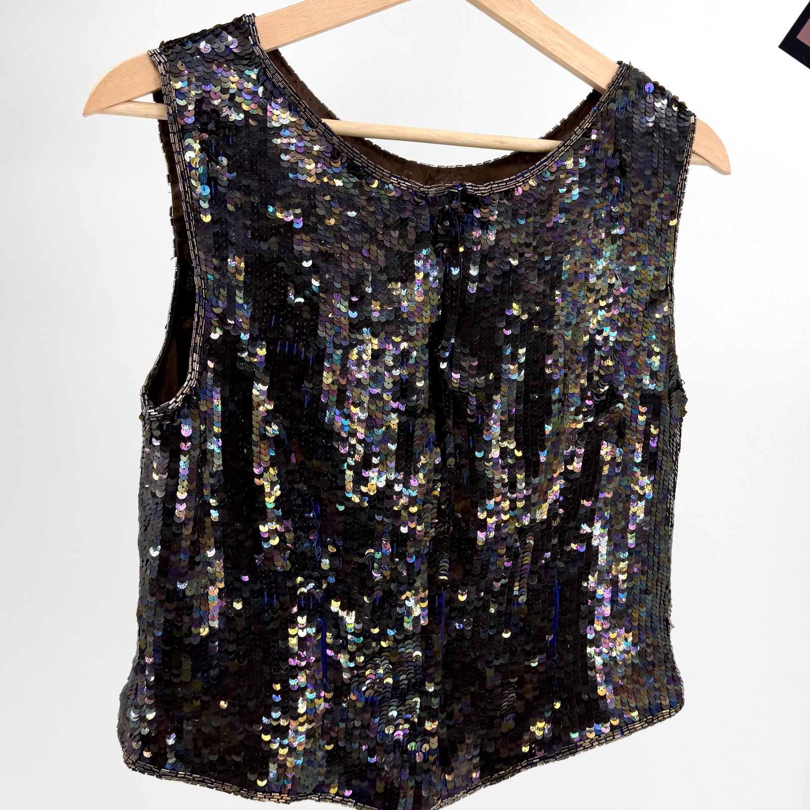 Vintage 90s Adrianna Papell Dark Purple 100% Silk Sequin Beaded Top
