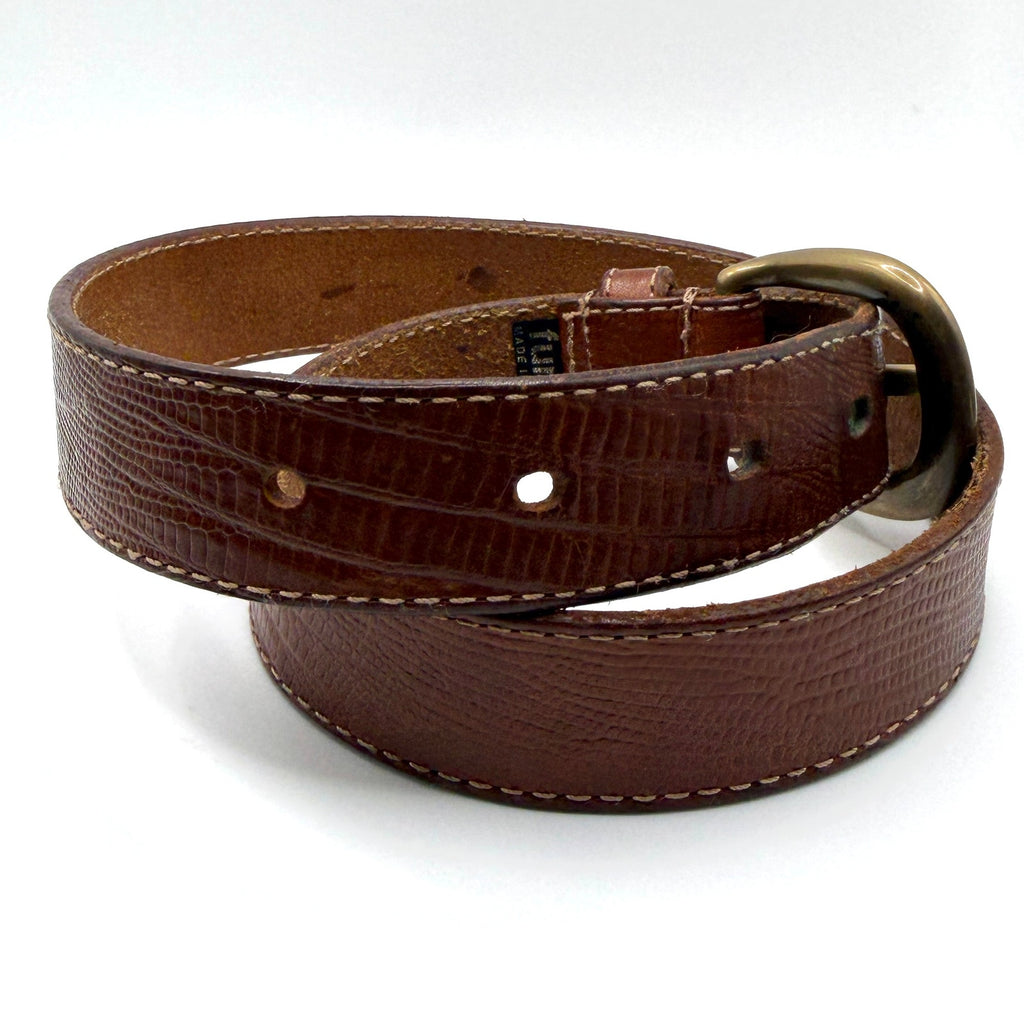Vintage 90s Furla Brown Lizard Embossed Leather Brass Buckle Belt