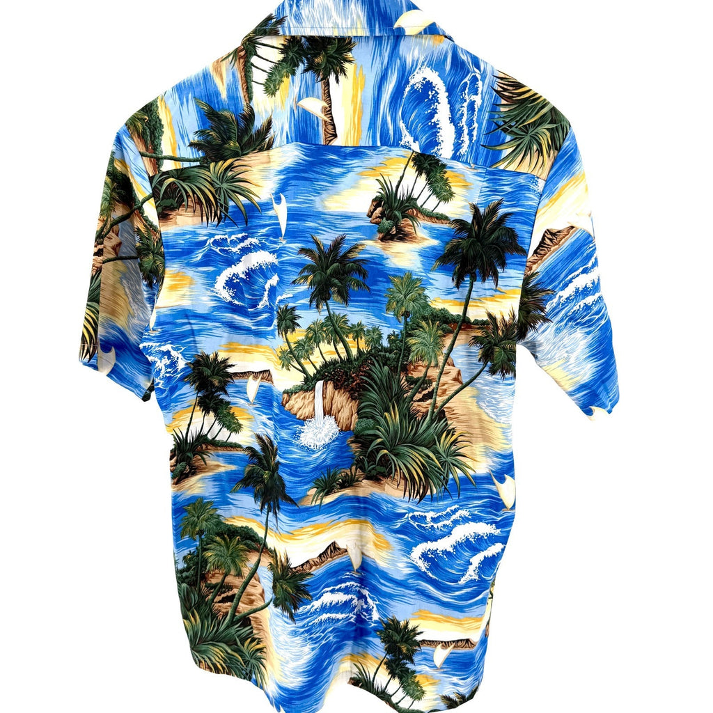 Vintage 90s Aloha Republic Blue 100% Cotton Tropical Hawaiian Shirt