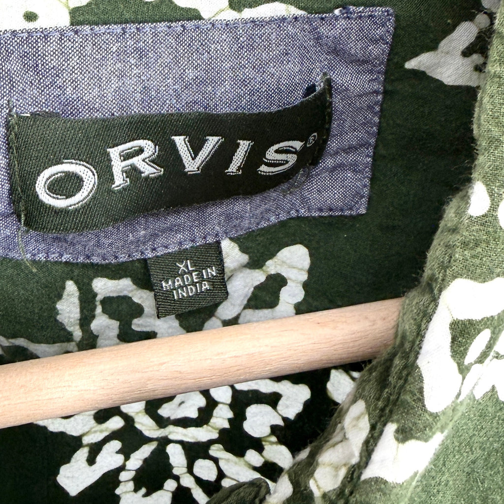 Orvis Olive Green Floral 100% Cotton Batik Print Short Sleeve Shirt