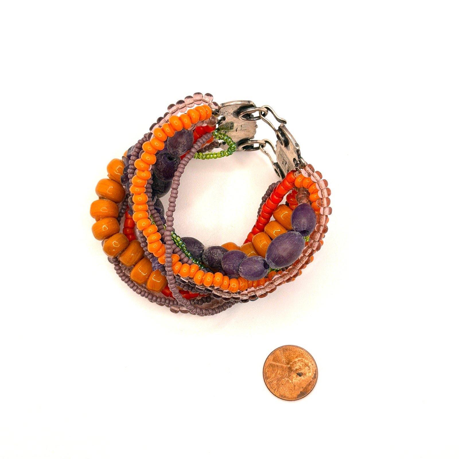 Vintage 90s Signed Foree Purple Orange Sterling Silver Boho Maximalist Bracelet