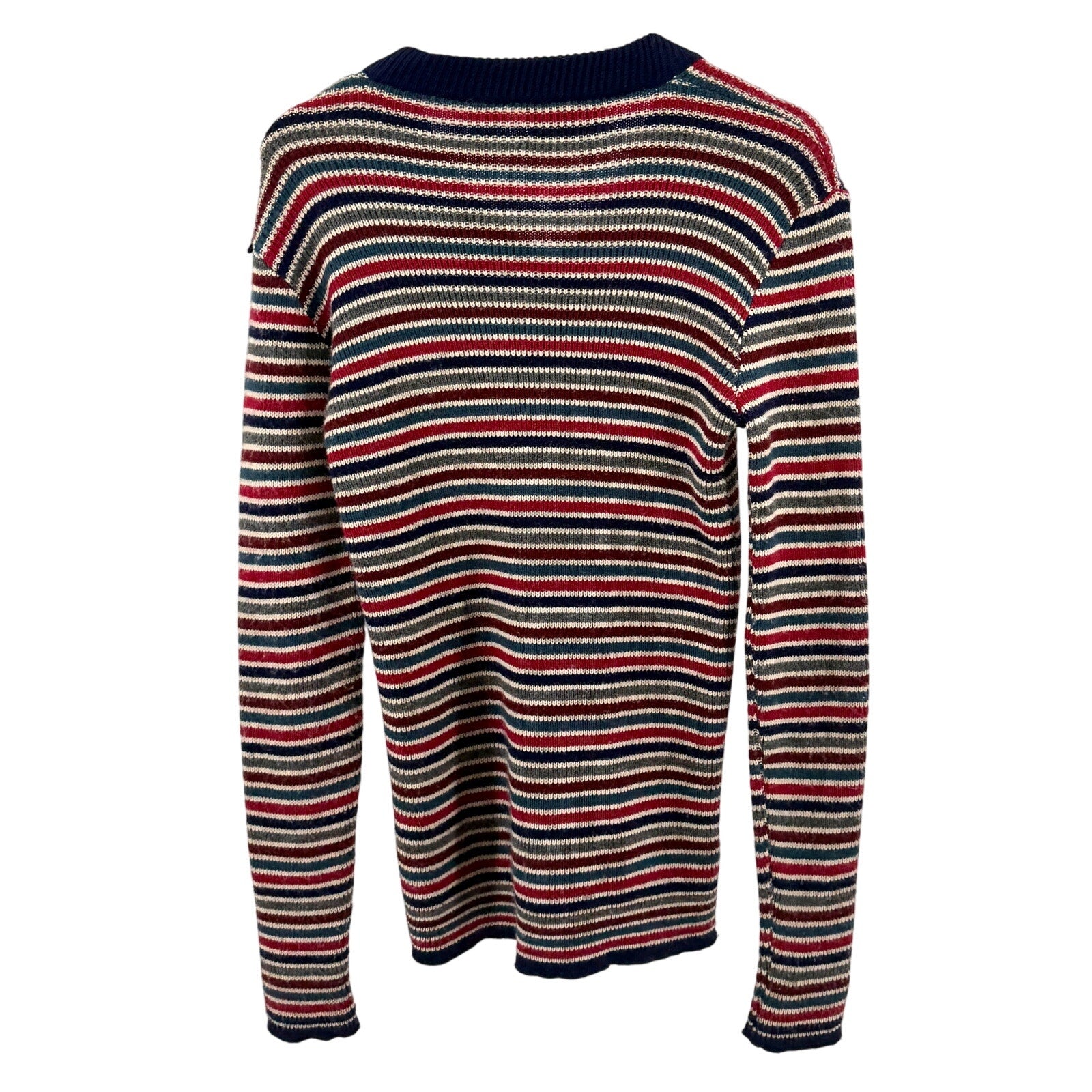 Vintage 70s Paul Arnold Navy Red Striped Knit V-Neck Sweater