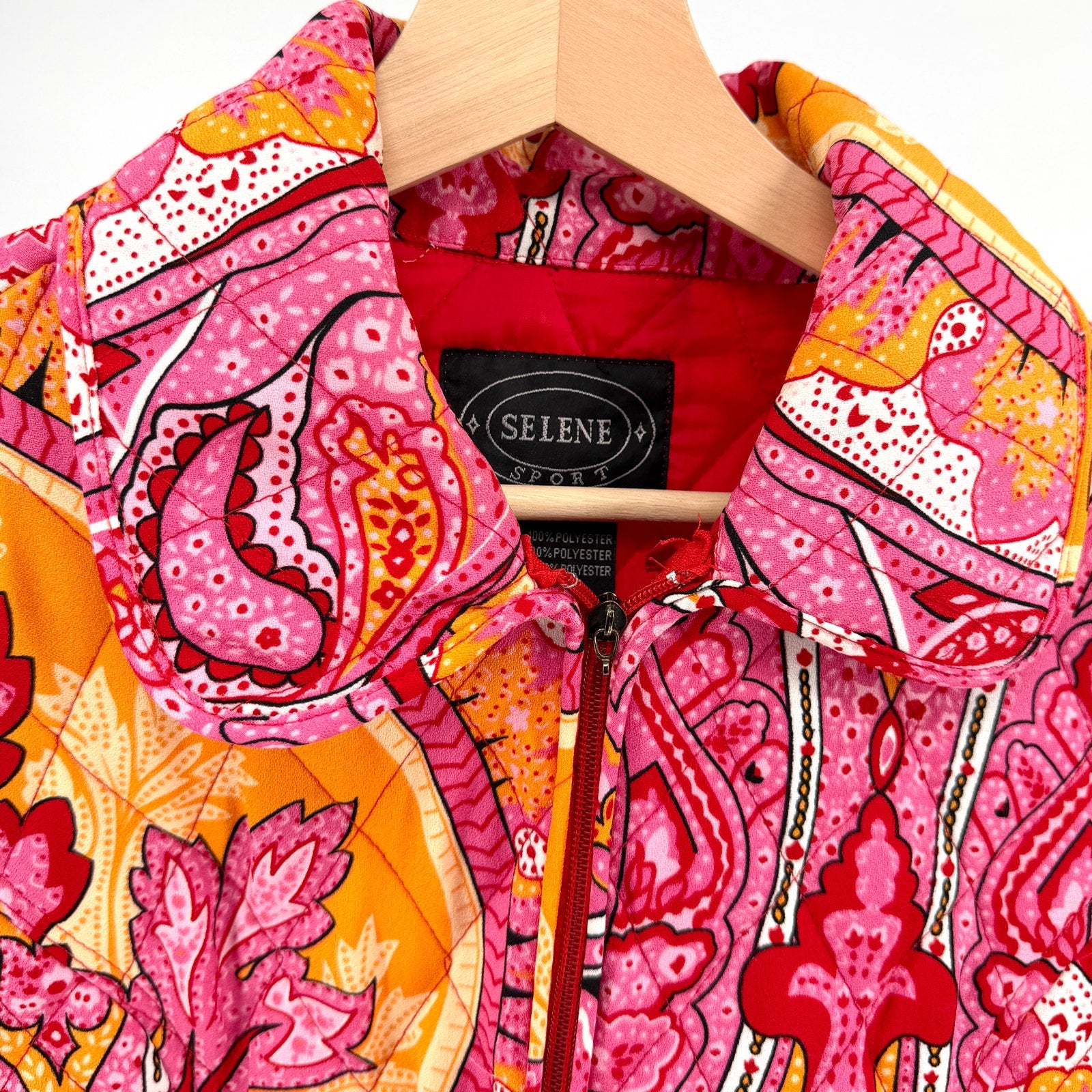 Vintage Y2K Selene Sport Pink Red Paisley Quilted Zip Up Puffer Jacket