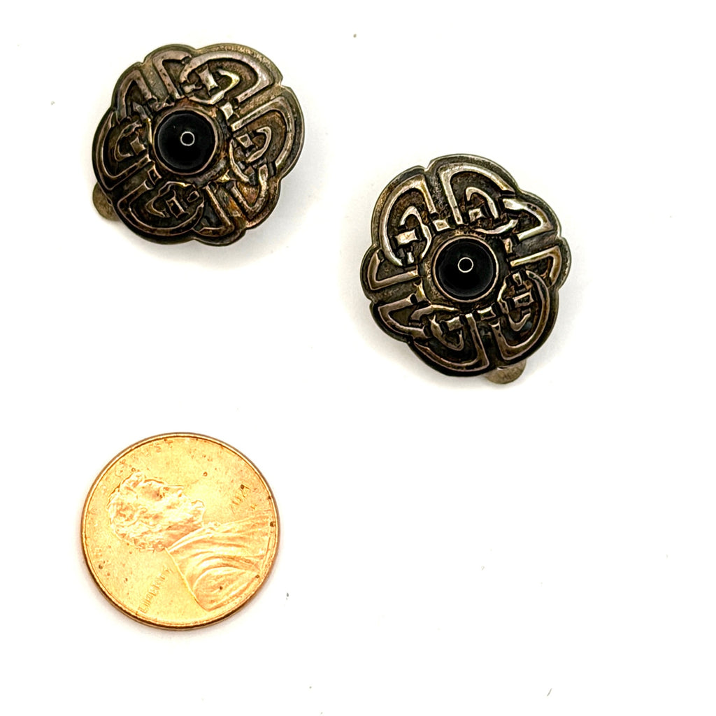 Vintage 90s Stamped 925 USA Onyx Sterling Silver Celtic Knot Clip On Earrings