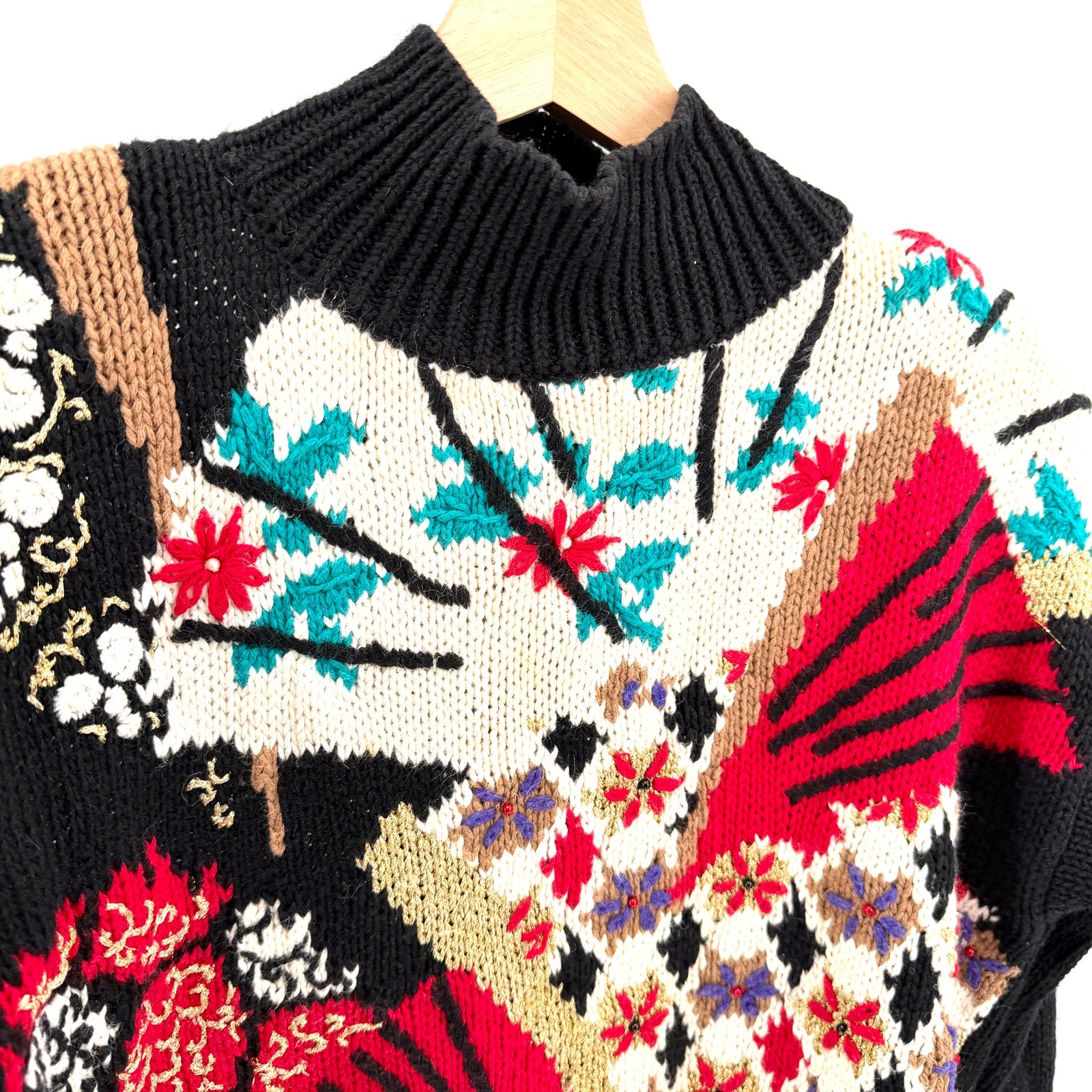 Vintage 90s Casual Corner Black Asian Floral Fan Graphic Beaded Sweater