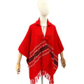 Vintage 70s South American Woven Red Fringe Poncho Ruana Cape