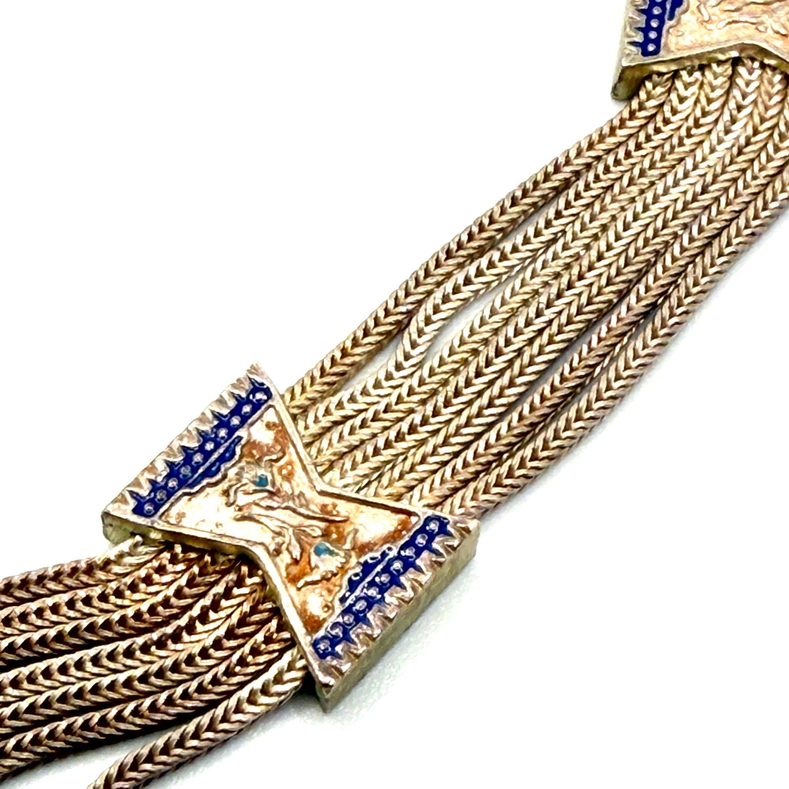 Vintage 60s Stamped Sterling Silver Turkish Trabzon Enamel Multi Strand Necklace