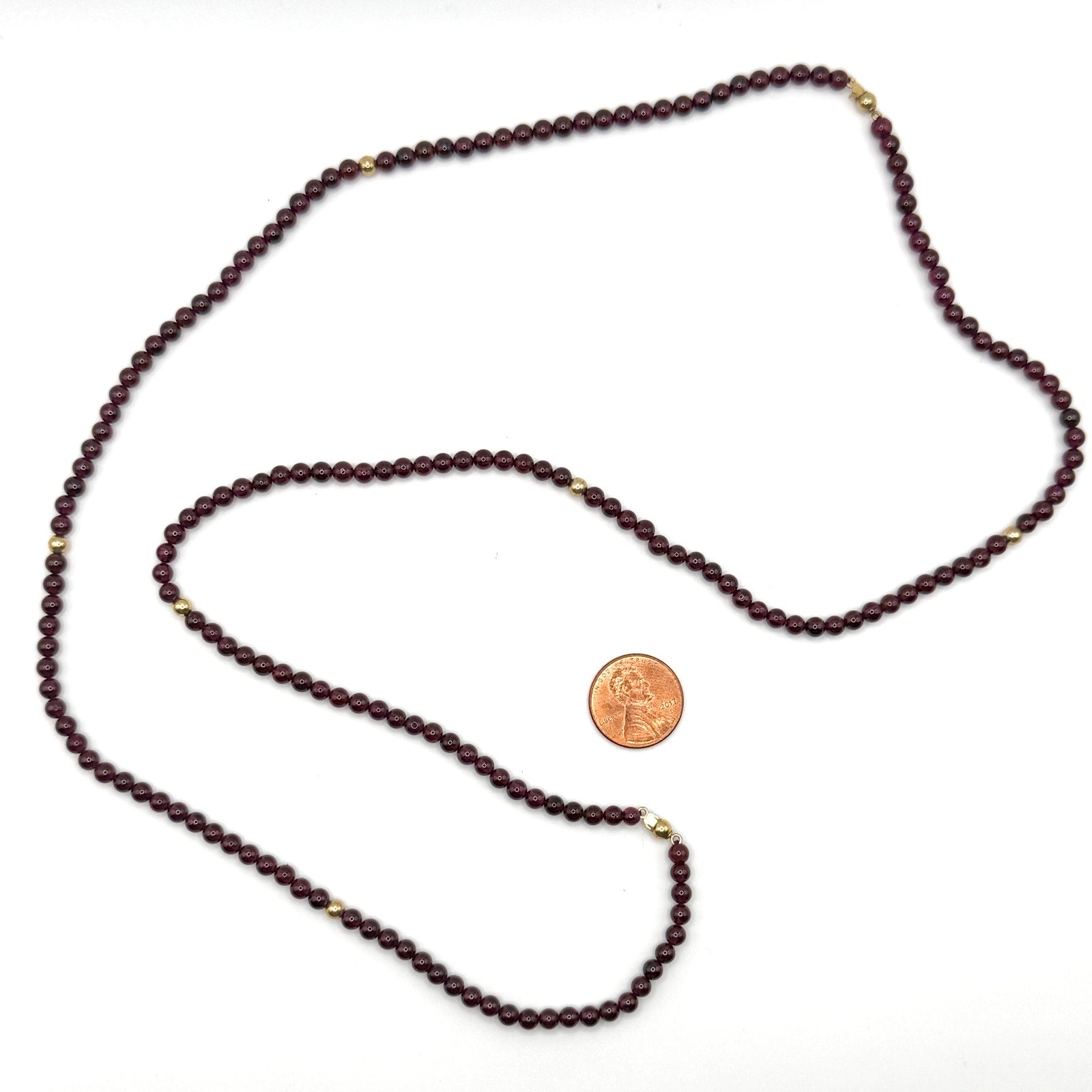 Vintage 90s Deep Red Genuine Garnet Beaded Gold Accent Spacer Strand Necklace